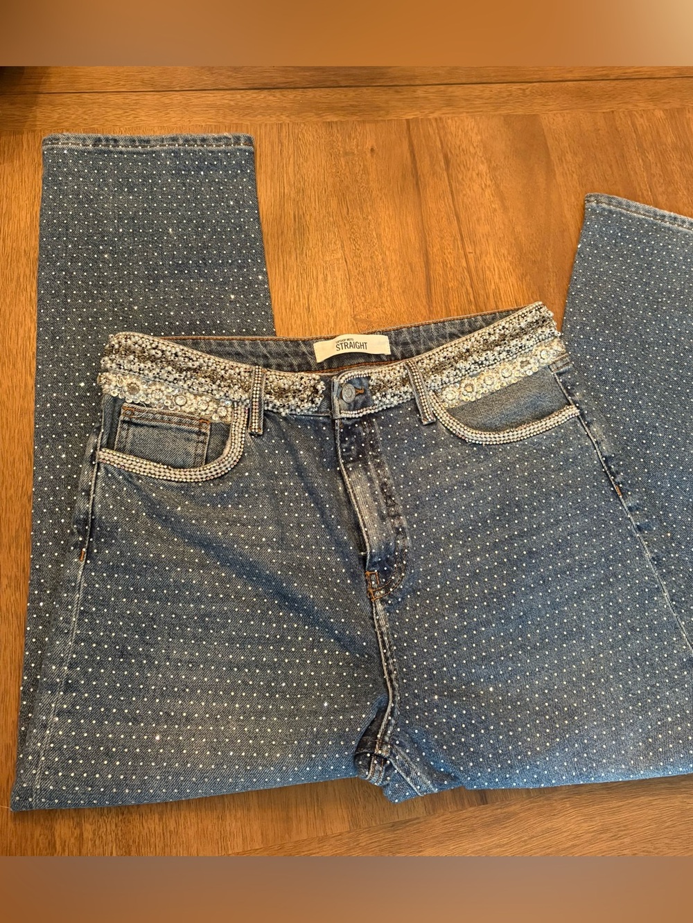Topshop MOTO Embellished Blue Polka Dot Straight-Leg Jeans